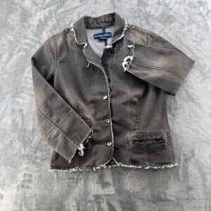 Bandolino Blu Womens Frayed Denim Jacket Faded Black Crystal Button Peplum